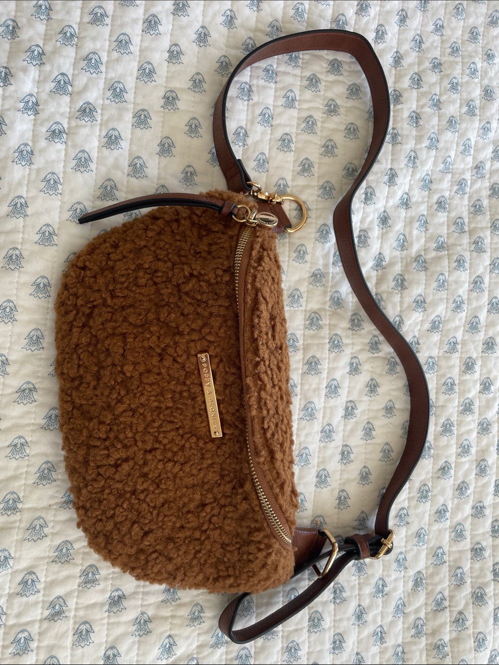 Poppy & Peonies Brown Shearling Crossbody Bag with Gold Hardware
